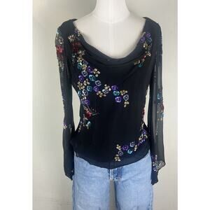 VTG Newport News Black Long Sheer Bell Sleeves Sequin Women's Silk Top Sz 10